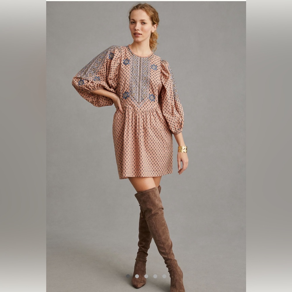 By Anthropologie Embroidered Tunic Mini Dress NWT Size Med. Perfect Fall Dress!
